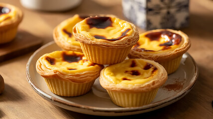 Golden Portuguese Egg Tarts on a Rustic Plate