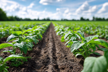 Agriculture farm field crop soil leaf potato plant row in focus under bright sky symbolizing fresh seasonal growth