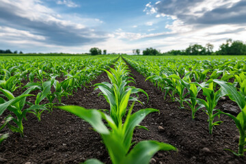 Corn field seedling row farm soil under bright sky, young crop growing in fertile earth, peaceful rural landscape after rain
