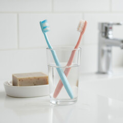 Valenstine day Colorful toothbrushes in glass with soap on countertop