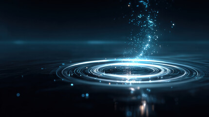 Water splash ripple light glow reflection over dark surface, serene energy swirl with sparkling droplet motion
