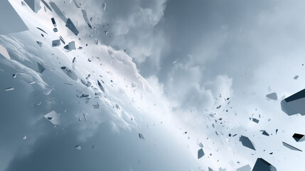 Abstract sky cloud shard fragment motion in swirling debris over bright cloud horizon suggesting powerful dynamic tension