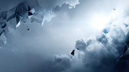 Abstract geometric polygon sky cloud technology network futuristic background with bright light through dramatic vapor