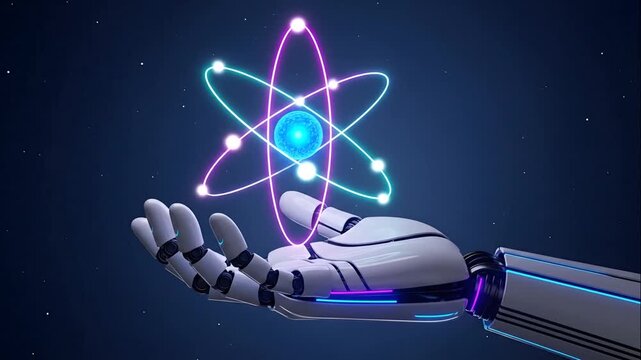 Robot hand holding glowing atom model, science and technology concept