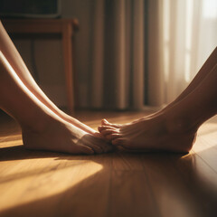 Valenstine day Barefoot couple holding hands in warm sunlight