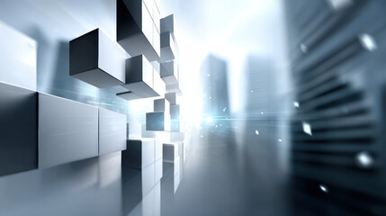 Futuristic cityscape abstract architecture cube technology concept with glowing light and motion blur