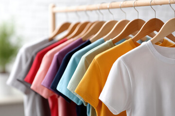 Colorful shirt clothing hanger wardrobe casual fashion cotton row of plain tee on wooden rack in bright closet