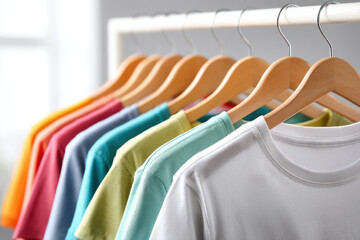Colorful t shirt wooden hanger clothing rack casual fashion cotton fabric retail display line of neat shirts in bright row