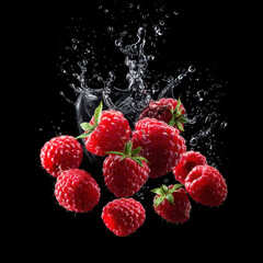 Raspberry fruit splash water fresh juicy wet berry tumbling in midair with droplet on black background, vivid refreshment
