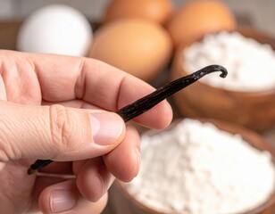 Hand holding vanilla bean over wooden bowls filled with flour and eggs for baking preparation natural ingredients for cooking sweet dessert