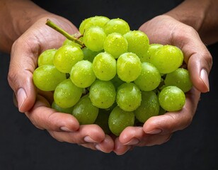 Close Up Of Two Hands Gently Holding A Bunch Of Fresh Green Grapes With Water Droplets Against A Dark Background