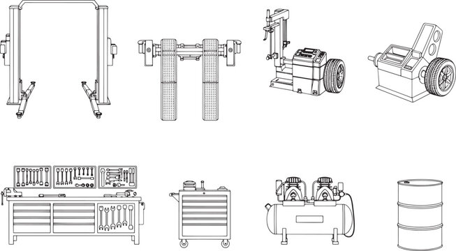 An isometric overhead shot reveals an array of industrial tools and equipment, from a sturdy lift to essential machine components for the car service.
