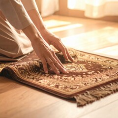 Close up of a Muslim woman's hands kneeling on a patterned prayer rug with soft sunlight illuminating the scene