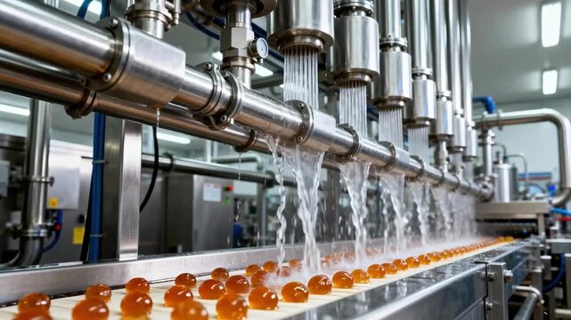 Medium shot of automated CIP system flushing syrup lines in a hard candy production line showcasing efficient selfcleaning depositors and pipelines in action.