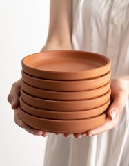 Close up of hands holding a stack of terracotta plates against a white background wearing a white dress neutral lighting