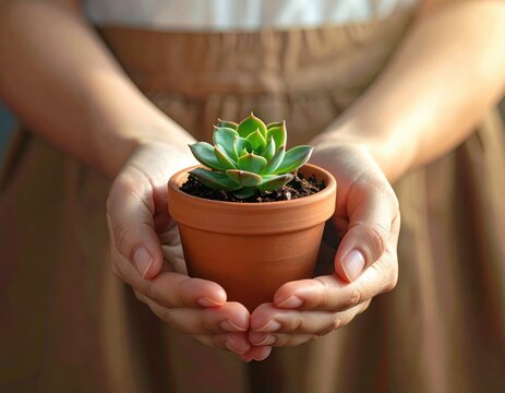 Gentle Hands Hold Small Terracotta Pot with Succulent Plant Green Leaves Soft Lighting Casual Outfit