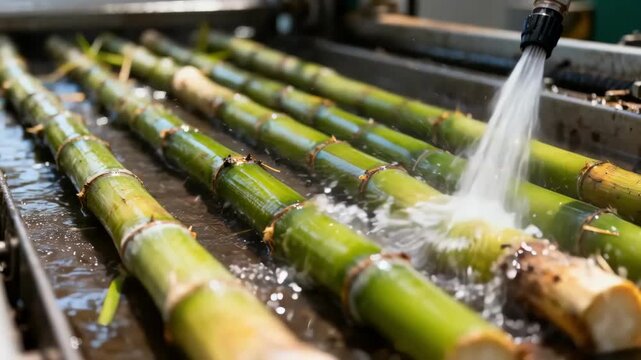Medium shot of cane stalks being thoroughly washed with highpressure water effectively removing dirt and debris before processing.