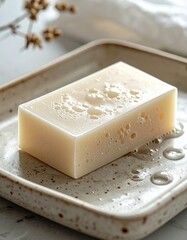 Rectangular Bar of Light Yellow Soap with Bubbles on a Textured Ceramic Dish with Water Droplets
