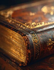Antique Leather Bound Book With Ornate Gold Gilded Edges And Embossed Cover Detailed Texture Illuminated By Warm Light