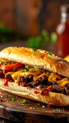 A long, savory sandwich brimming with meat, cheese, and veggies is showcased on a wooden board with seasoning