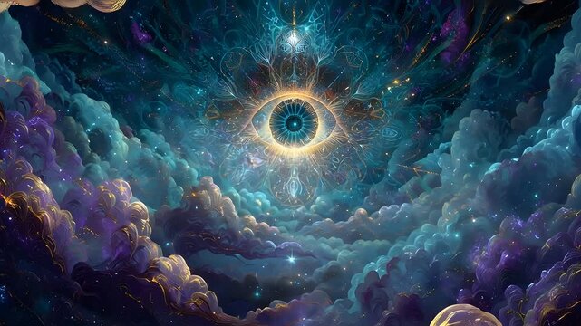 Mystical cosmic eye in a vibrant celestial cloudscape