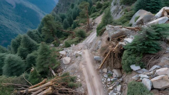 A drone capturing aerial footage of landslide debris covering a mountain road, massive boulders and uprooted trees creating an impassable barrier &mdash; geological disaster, remote rescue planning, and