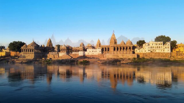 Sacred ghats and temples reflected in water with mist at sunrise India