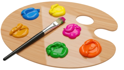 Isolated wooden artist palette with bright paints and paintbrush for mixed media art
