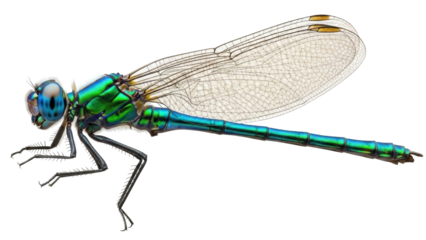 Isolated iridescent Damselfly with translucent wings, compound eyes and slender body in view