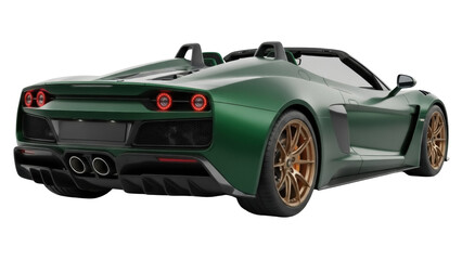 Isolated view of luxury car, green paint, dark trim, and gold rims, rear 3/4 angle shot © Maria