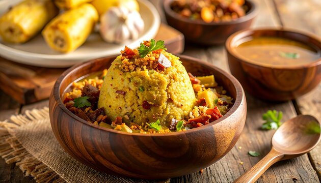 Dominican Mofongo with Garlic and Pork Cracklings in Wooden Mortar