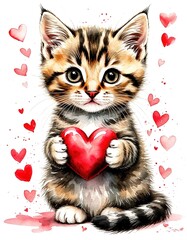 cat with a heart. Watercolor Valentine's Day card