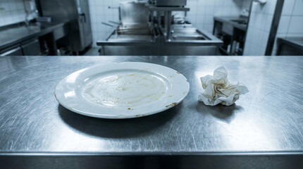 Dirty Porcelain Plate and Crumpled Napkin on Stainless Steel Kitchen Counter