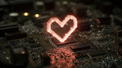 Glowing Digital Heart Icon on Futuristic Circuit Board Representing Artificial Intelligence, Human Emotion Technology, Digital Care, User Experience, and Emotional Connection in Modern Tech Systems