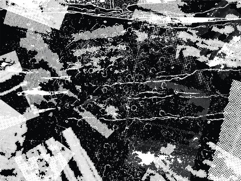 Glitch distorted grunge layer  . Noise scratched texture . Trendy textured shapes . Overlay grunge texture . Distressed effect .Vector shapes with a halftone dots and scratches. Screen print texture.