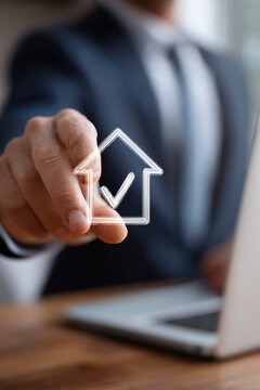 Real estate business market, house home building purchase sale. A man in a suit intently focused on a laptop, his hand hovering over a transparent house icon, indicating a real estate transaction.