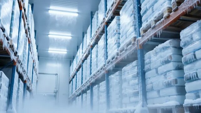 Medium shot of a cold storage warehouse showcasing highbay pallet racks filled with frozen finished goods highlighting the organized storage and climate control environment.
