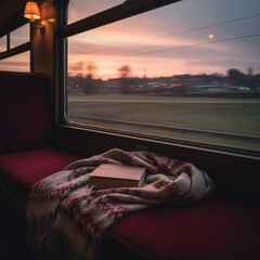 Valenstine day Cozy train seat with book and blanket at sunset