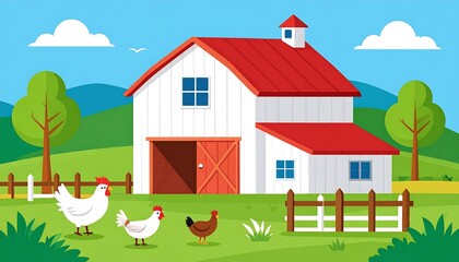 Obraz premium A vibrant cartoon depicts a farm scene. A red-roofed white barn stands amidst green fields, trees, clouds, and a small fence. Three chickens are in view