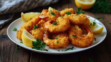 Top view of crispy fried shrimp with lemon slices and herbs on white plate.