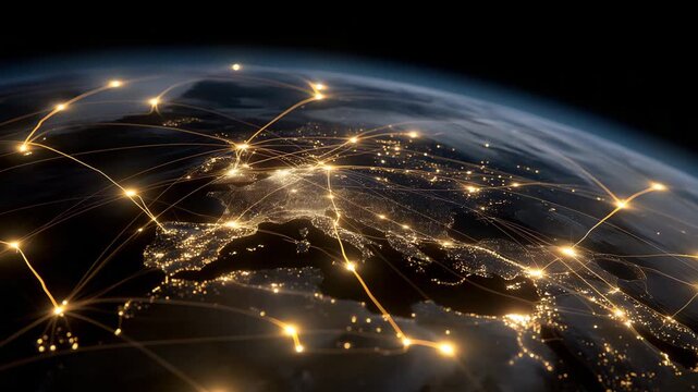 Abstract visualization of global air traffic routes circling the Earth, glowing flight paths symbolizing international travel, commerce, and connectivity. cinematic color correction, natural uneven