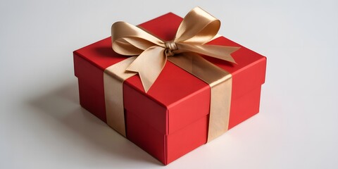 Obraz premium A beautifully wrapped red gift box with a golden ribbon and bow