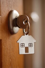 Real estate business market, house home building purchase sale. A wooden door with a keychain shaped like a house hanging from it, set against a blurred background.
