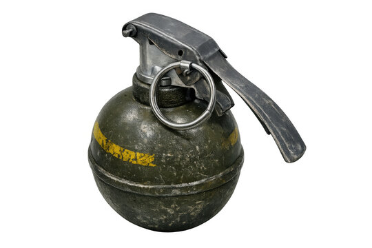 Hand grenade showing pin and safety lever, illustrating military weapon and explosive danger, with transparent background