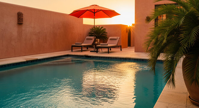 Outdoor swimming pool with lounge chair and orange umbrella, symbolizing relaxation, vacation, and serene escape, perfect for travel or leisure concepts