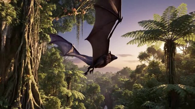 Large fruit bat with expansive wings soars dramatically over a lush vibrant jungle canopy at sunset
