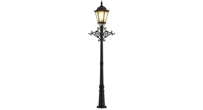 Elegant vintage black street lamp with glowing light and ornate details, isolated on transparent background.