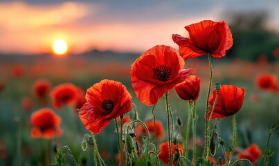 Vibrant sunrise over a poppy field with bright red flowers opening to greet the day