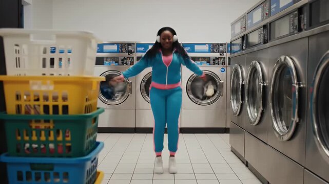 Woman dances joyfully in a laundromat wearing a colorful tracksuit.