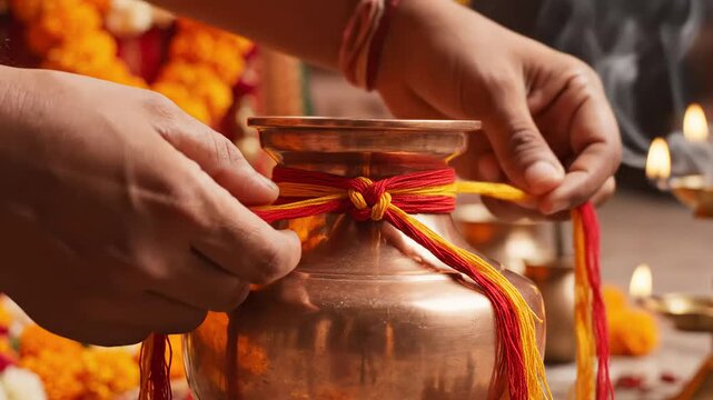Hands tying a traditional red and yellow sacred thread onto a copper kalash pot during dayanand saraswati jayanti puja.
